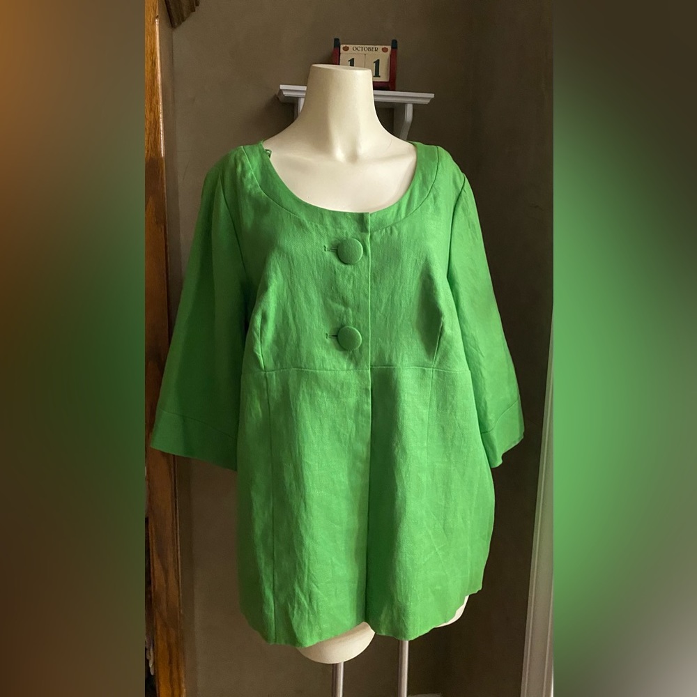Tweeds Woman Linen Blazer Jacket Buttons Lagenlook Green Plus Size 1X